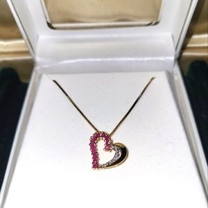 18kt over 925 Sterling Silver RUBY Diamond Heart Necklace, New in Box, 18"
